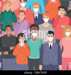 Gruppe von Menschen mit kovid19 Symptome und andere mit Gesichtsmasken krank Stock Vektor