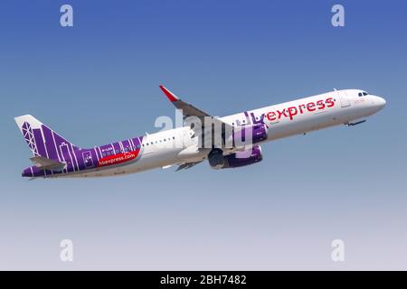 Hongkong, China – 20. September 2019: HK Express Airbus A321 am Flughafen Hongkong (HKG) in China. Stockfoto