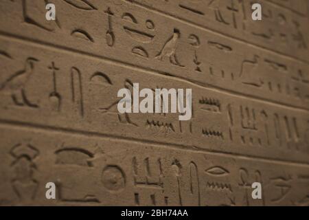 Nahaufnahme der alten ägyptischen Hieroglyphen, die auf einer Steinmauer geschnitzt wurden Stockfoto