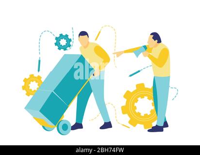 Illustration eines Chefs, der Arbeiter anschreit, die Lautsprecher verwenden, um schneller und effizienter in einem flachen blau-gelben Stil zu arbeiten. Stock Vektor