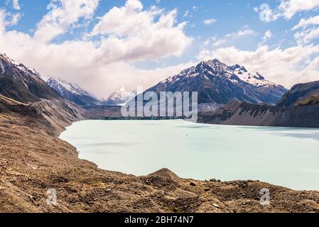 Blick über den Tasman Glacier & Lake, Canterbury, Neuseeland Stockfoto