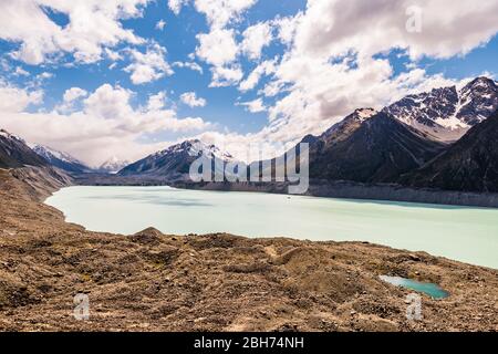 Blick über den Tasman Lake & Glacier, Canterbury, Neuseeland Stockfoto