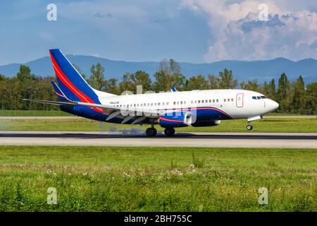 Mulhouse, Frankreich – 31. August 2019: Orion-X Boeing 737-700 BBJ Flugzeug am Flughafen Basel Mulhouse (EAP) in Frankreich. Stockfoto