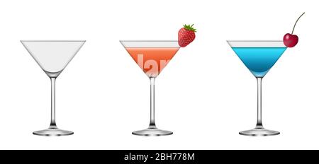 Set von leeren und vollen Cocktailgläsern. Cocktails mit Kirsche und Erdbeere Vektor Stock Vektor