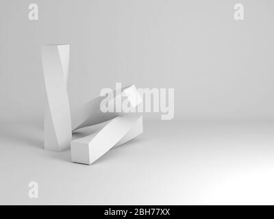 Abstrakte weiße Stillleben Installation mit gedrehten geometrischen Primitiven. 3d-Rendering-Illustration Stockfoto