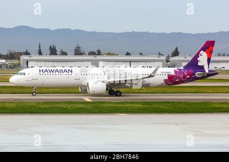 San Jose, Kalifornien – 11. April 2019: Hawaiian Airlines Airbus A321neo Flugzeug am San Jose Flughafen (SJC) in Kalifornien. Stockfoto