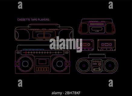 Neonfarben isoliert auf schwarzem Hintergrund Cassette Tape Players Vektorgrafik. Vier klassische Kassettenrecorder. Stock Vektor