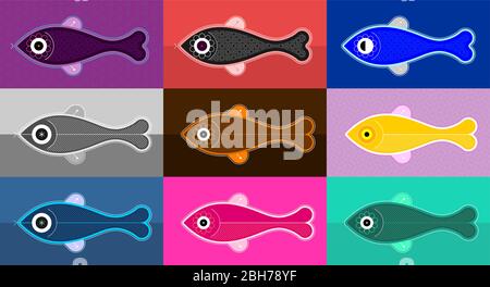 Pop-Art-Stil Fisch-Icon-Set Stock Vektor