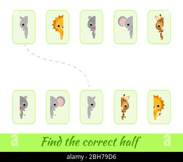 Clip Karten Spiel Vorlage finden richtige Hälften. Passendes Spiel für Kinder. Pädagogische Aktivität für Kinder und Kleinkinder im Vorschulalter Stock Vektor