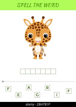 Rechtschreibung Wort Scramble Spiel Vorlage. Pädagogische Aktivität für Kinder im Vorschulalter und Kleinkinder mit niedlichen Giraffen. Abbildung des flachen Vektorbestands. Stock Vektor