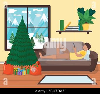 Männliche Charakter Rest Couch und Surfen Internet, Mann liegen Sofa entspannen Cartoon Vektor Illustration. Design-Interieur. Neujahr Tanne, weihnachtsbaum mit B Stock Vektor