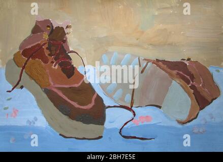 Alte Schuhe auf der blauen Floore, Gouache Stockfoto