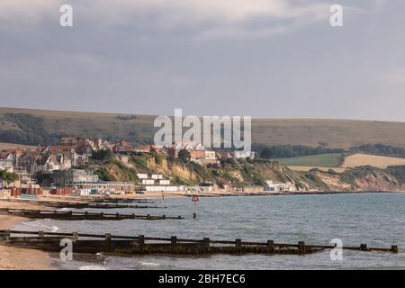 Eine Aufnahme am frühen Morgen mit Blick über die Bucht von Weymouth, Dorset, Großbritannien. Stockfoto