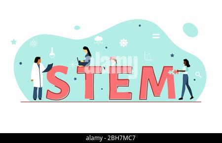 Vektorgrafik zeigt Mädchen oder Frauen im STEM (Wissenschaft, Technik, Technik, Mathematik mit Symbolen wie Zahnrad, Becher, Grafik, Sterne. Stock Vektor