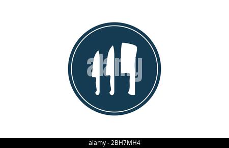 Vektor mit flachen dunkelblauen Kreis mit kreisförmigen Ausschnitt und Ausschnitte in der Form von zwei Messern und einem Spalter. Icon ist toll für ein Restaurant. Stock Vektor