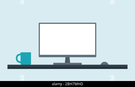 Vektor von Computer-Monitor auf dem Schreibtisch mit Maus und Teal Kaffee Tasse vor einem hellen Hintergrund isoliert. Der Bildschirm ist leer und weiß mit leerem Kopierbereich Stock Vektor