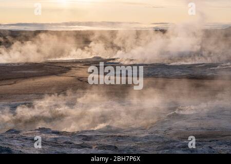 Dampfende Schlammlöcher und Solfataras im geothermischen Gebiet von Hverir in der Nähe des Sees Myvatn, Nordisland Stockfoto