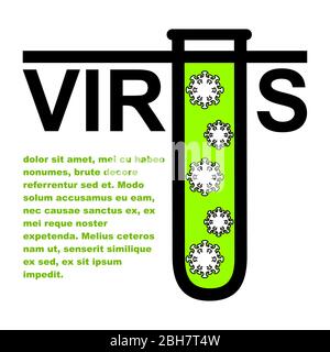 Das Wort Virus mit einem stilisierten Buchstaben U in Form eines Reagenzglas, in dem das Virus geschlossen ist. Illustration für einen Artikel über Coronavirus, Diseas Stock Vektor