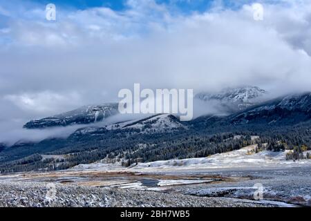 Schnee auf dem Boden im Larmar Valley, Yellowstone National Park. Stockfoto