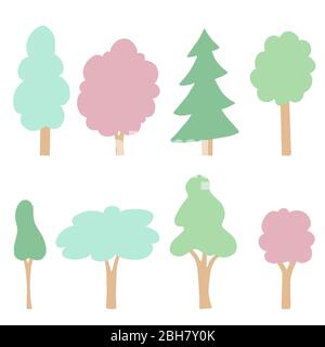 Satz Cartoon-Baum mit handgezeichneten Elementen isoliert. Natur flaches Baumdesign. Einfache Vektorgrafiken im Silhouettenstil. Stock Vektor