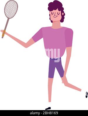 Junger Mann mit Tennisschläger isoliert Symbol weißen Hintergrund Vektor-Illustration Stock Vektor