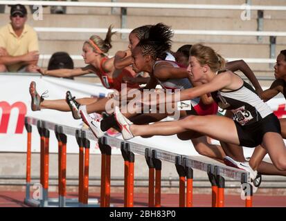 Austin Texas USA, 6. Juni 2009: Athleten müssen die 100-Meter-Hürden der Mädchen bei den Texas High School State Track Championships im University of Texas Track Stadium einspringen. ©Bob Daemmrich Stockfoto