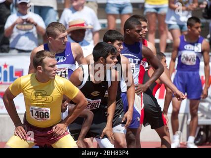 Austin Texas USA, 6. Juni 2009: Staffelmitglieder warten darauf, dass ihre Teamkollegen bei den Texas High School State Track Championships im University of Texas Track Stadium den Staffelstab in der 1600-Meter-Staffel der Jungen abgeben. ©Bob Daemmrich Stockfoto