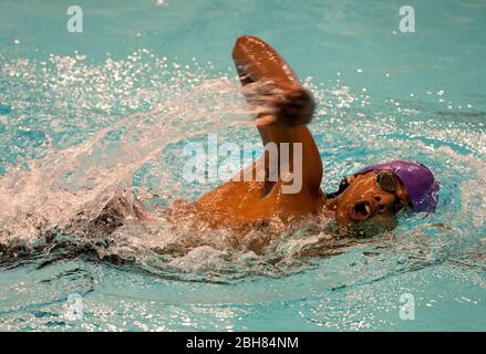 Austin Texas USA, 29 2010. Januar: Männliche High School-Schülerin aus dem Raum Austin schwimmt in einem Bezirksschwimmtreffen an der University of Texas im Austin Swim Center in der Freestyle-Etappe des Staffelrennens. ©Bob Daemmrich Stockfoto