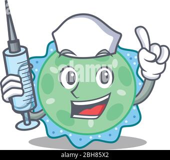 Eine nette Krankenschwester von pseudomonas aeruginosa Maskottchen Design Konzept mit einer Spritze Stock Vektor