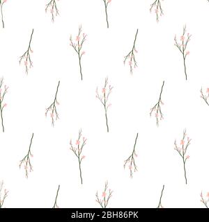 Kirschblütenzweig Nahtloses Muster für Geschenkpapier, Stoff. Vektor Hintergrund mit blühenden Sakura. Botanische Illustration. Stock Vektor