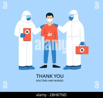 Positive Vektordarstellung in flacher Form. Vielen Dank an Ärzte und Krankenschwestern. Coronavirus COVID-19. Medizinisches Personal in weißen Hazmat Anzüge und Masken. Zufrieden Stock Vektor