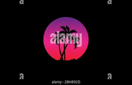 Silhouette von drei Palmen auf einer Insel gegen einen Himmel mit einem Verlauf von lila, rosa und rot, die Sonnenuntergang oder Sonnenaufgang. Stock Vektor