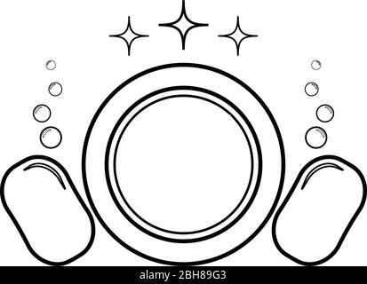 Spülkonzept Spülgeschirr Teller Waschlappen Schwamm Blasen saubere Küche Idee Symbol Umriss schwarz Farbe Vektor Illustration flach Stil einfach Stock Vektor