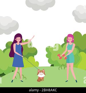 Junge Frauen mit Hund und Gewicht Hantel, exrcise Outdoor Vektor-Illustration Stock Vektor