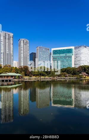 Japan, Honshu, Tokio, Hama-rikyu Gardens und der Gegend Shiodome Skyline Stockfoto