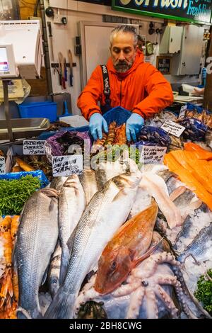 England, London, Southwark, London Bridge City, Borough Markt, frischen Fisch, Stall Anzeige Stockfoto