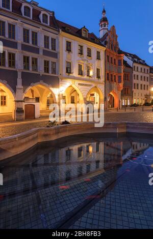 Das Schlesische Museum spiegelt sich im Brunnen vor dem Rathaus am Untermarkt, Görlitz, Sachsen, Deutschland Stockfoto