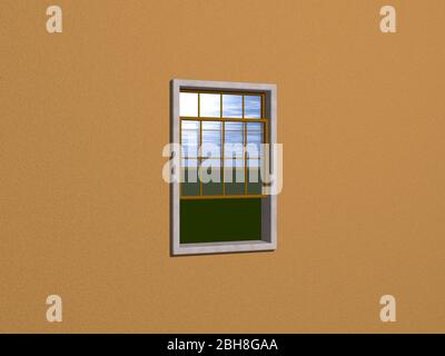 Öffnen Sie Schiebefenster von Schokolade Wand Blick außerhalb Rasen mit bewölktem Himmel. Sone Rahmen und Holzfenster 3D-Rendern Stockfoto