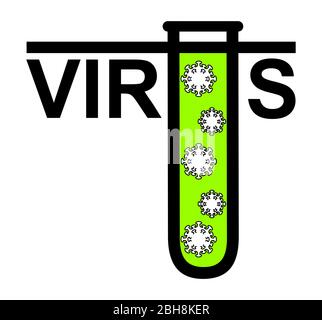 Das Wort Virus mit einem stilisierten Buchstaben U in Form eines Reagenzglas, in dem das Virus geschlossen ist. Sieg über Coronavirus, die Krankheit loszuwerden. Stock Vektor