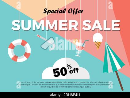 Summer Sale Mit Dekoration origami hängen an Hintergrund. Vector Illustration für Förderung, Rabatt und bieten Stock Vektor