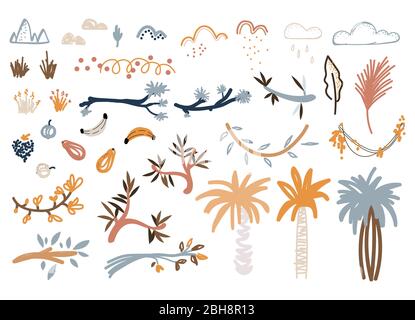 Handgezeichnete Pflanzen und Blumen botanische Objekte Vektor-Illustration Set. Stock Vektor