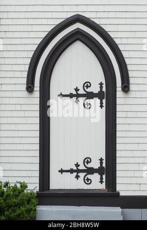 Kanada, Nova Scotia, Lunenburg, UNESCO-Weltkulturerbe Fischerdorf, St. John's Anglikan Chruch, erbaut 1753 und nach einem Brand im Jahr 2001 wieder aufgebaut, Eingang Stockfoto