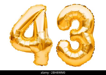 Nummer 43 dreiundvierzig aus goldenen aufblasbaren Ballons auf weiß isoliert. Helium Ballons, Goldfoliennummern. Party Dekoration, Jahrestag Zeichen für Stockfoto