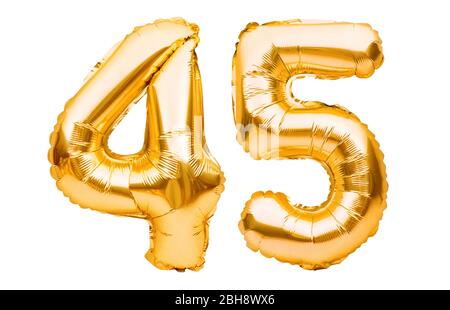 Nummer 45 fünfundvierzig aus goldenen aufblasbaren Ballons auf weiß isoliert. Helium Ballons, Goldfoliennummern. Party Dekoration, Jahrestag Zeichen für Stockfoto