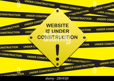 Website ist im Bau, gelb schwarze Bänder und Warnschild, Vektor-Illustration Stock Vektor