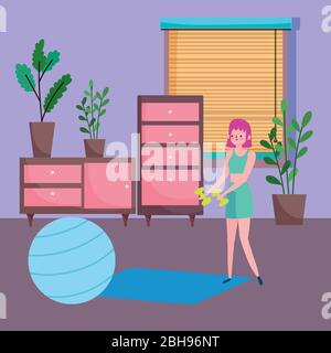 Junge Frau mit Hanteln und Fitball-Matte im Zimmer, Übungen zu Hause Vektor-Illustration Stock Vektor