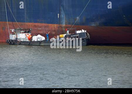 Schiffsreiniger auf der Steuerbordseite eines Frachtschiffes in Hamburg Hansahafen. Stockfoto