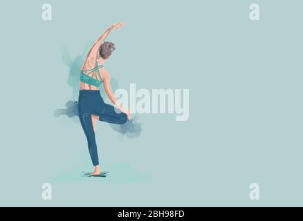 Frauen balancieren auf einem Bein in Yoga-Baum Pose Illustration isol Stockfoto