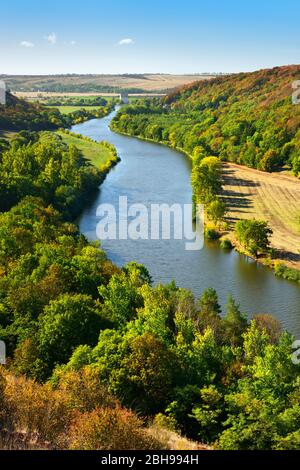 Blick auf die Saale, Herbstlandschaft, Naturpark 'Unteres Saaletal', Sachsen-Anhalt, Deutschland Stockfoto