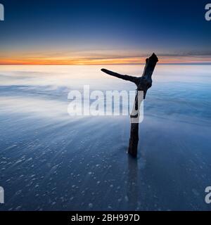 Sonnenuntergang am Strand der Ostsee, Zweig ist im Sand, Halbinsel Fischland-Darß-Zingst, Nationalpark Vorpommersche Boddenlandschaft, Mecklenburg-Vorpommern, Deutschland Stockfoto